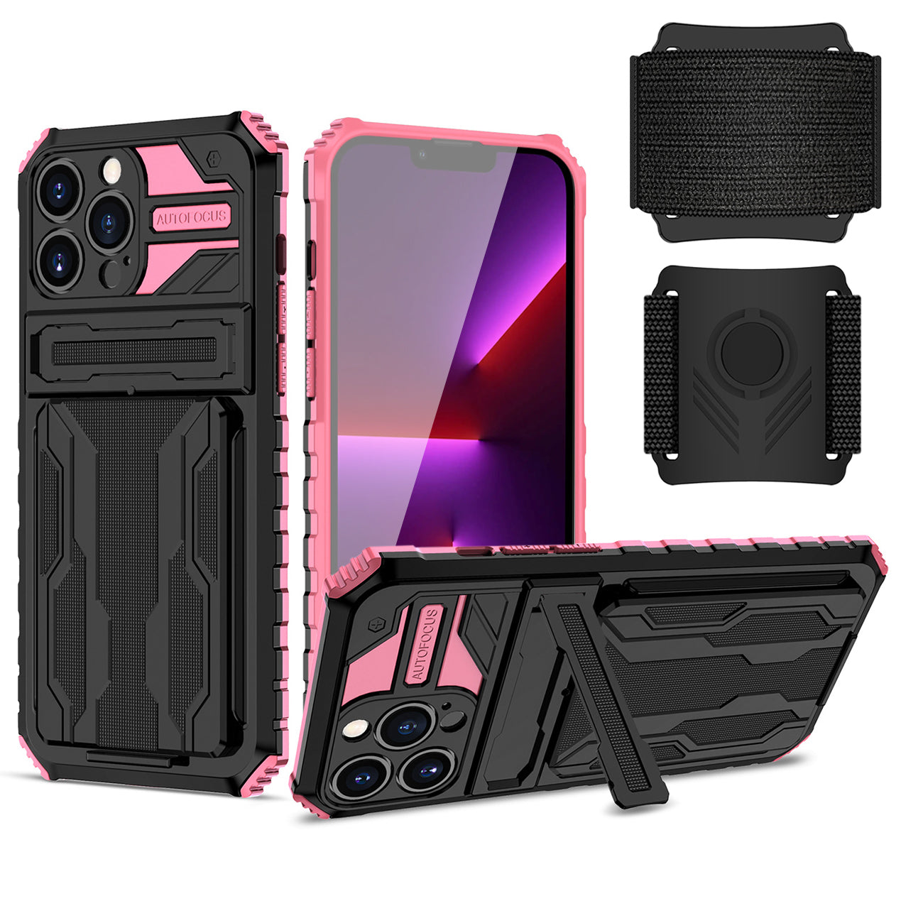 High Elastic Plastic iPhone 13 Max Case with Kickstand, Sports Mobile Wristband and Card Slot In Pink